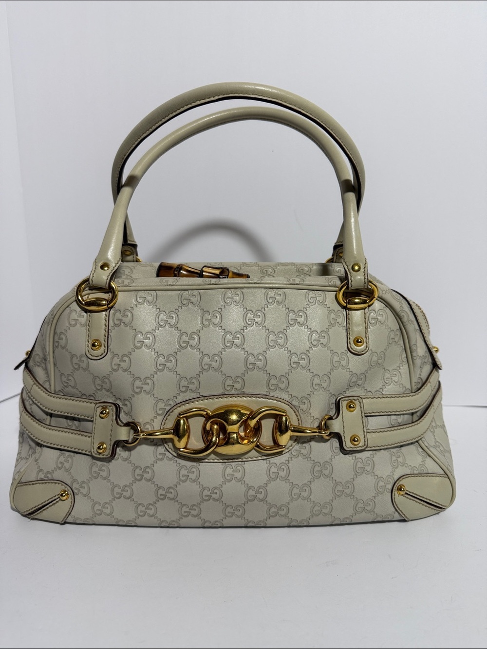 Vintage Gucci Ivory GG Monogram Satchel with Bamboo Accent and Gold Hardware